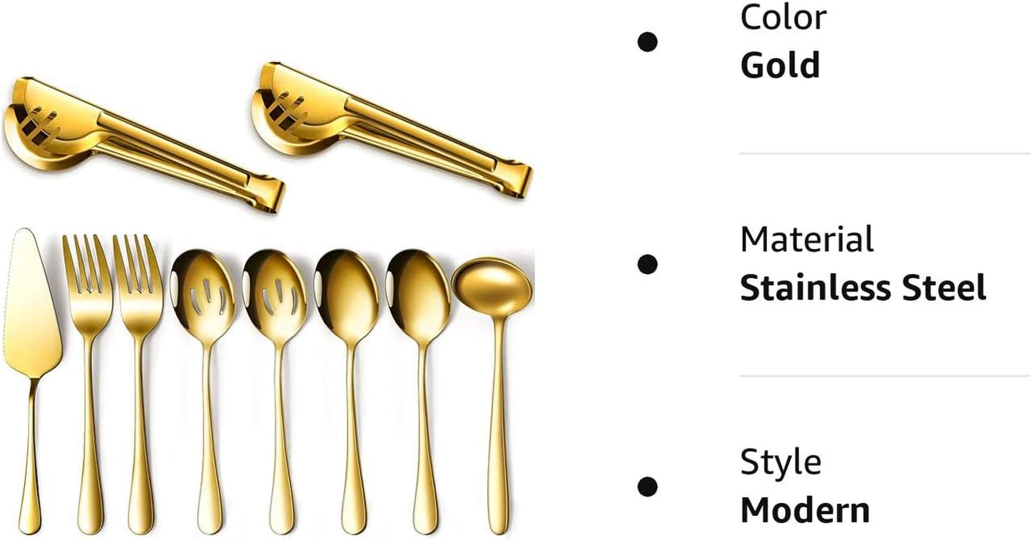 Serving Utensils Include Large Serving Spoons Slotted Serving Spoons Serving Forks Serving Tongs Soup Ladle and Pie Server Buffet Catering Serving Utensils for Dishwasher Safe (Gold, 10)