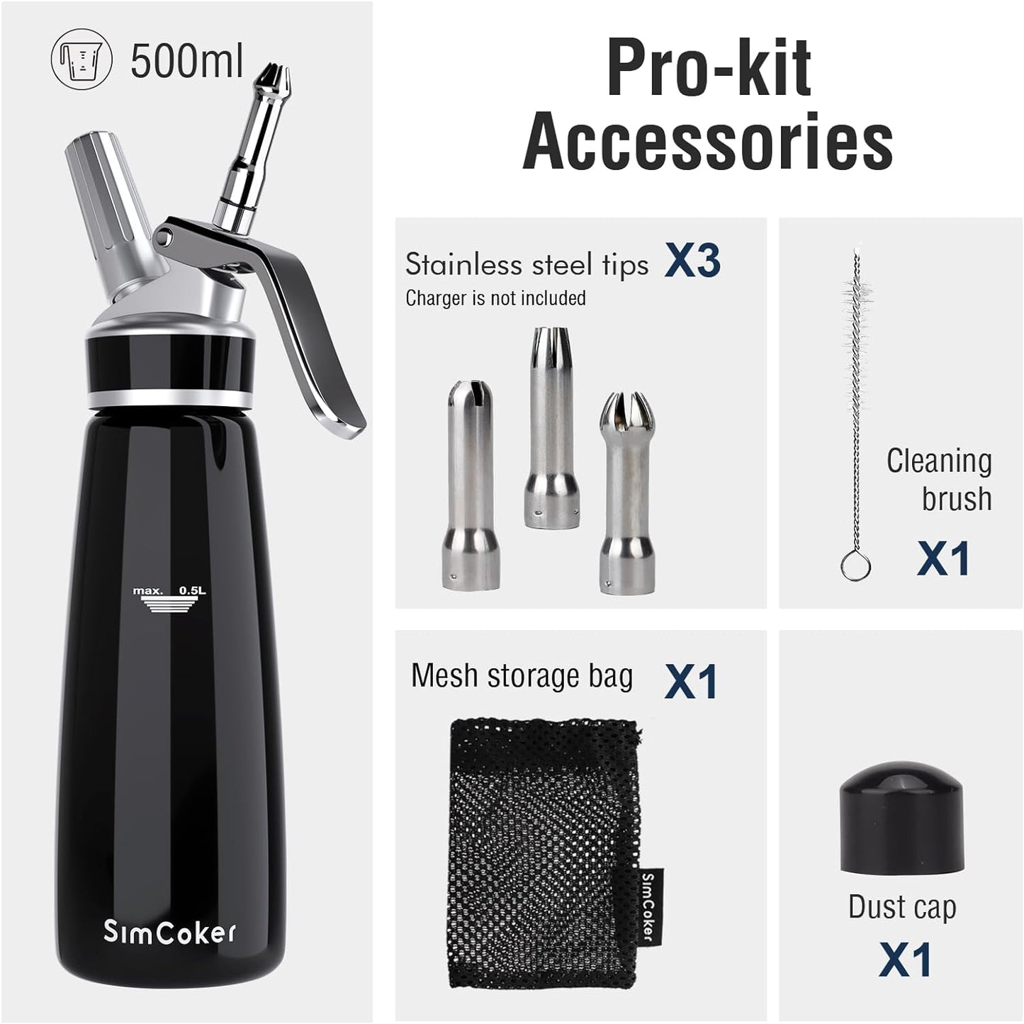 Whipped Cream Dispenser, Aluminum Cream Whipper 500Ml/1 Pint,3 Stainless Culinary Decorating Nozzles, 1 Brush, 1 Storage Bag, Homemade Cream Maker, N2O Chargers Not Included