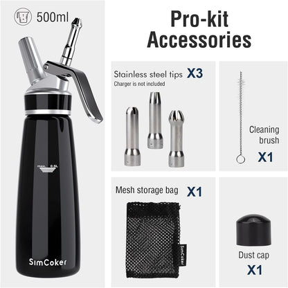 Whipped Cream Dispenser, Aluminum Cream Whipper 500Ml/1 Pint,3 Stainless Culinary Decorating Nozzles, 1 Brush, 1 Storage Bag, Homemade Cream Maker, N2O Chargers Not Included