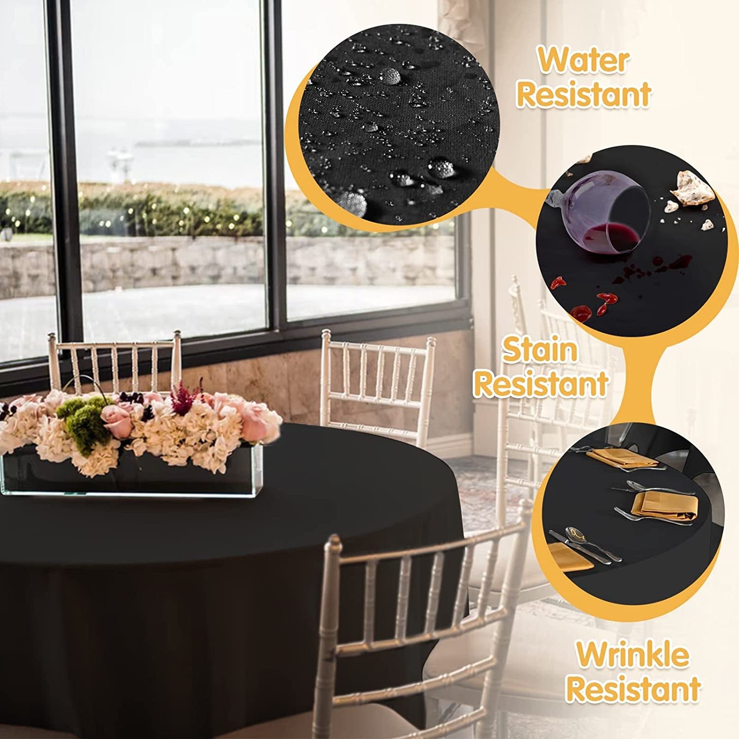 6 Pack Black round Tablecloths 120 Inch - Circle Bulk Linen Polyester Fabric Washable Table Clothes Cover for Wedding Reception Banquet Birthday Party Buffet Restaurant