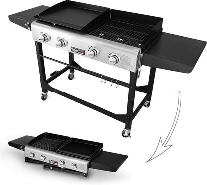 GD401C 4-Burner Gas Grill and Griddle Combo with Cover, 48,000 BTU, Flat Top Propane Grill Griddle Combo with Folding Legs for Outdoor Cooking While Camping or Tailgating, Black & Silver