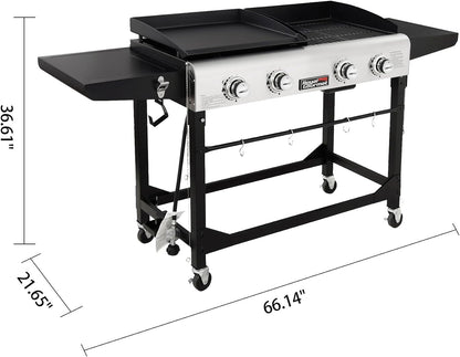 GD401C 4-Burner Gas Grill and Griddle Combo with Cover, 48,000 BTU, Flat Top Propane Grill Griddle Combo with Folding Legs for Outdoor Cooking While Camping or Tailgating, Black & Silver