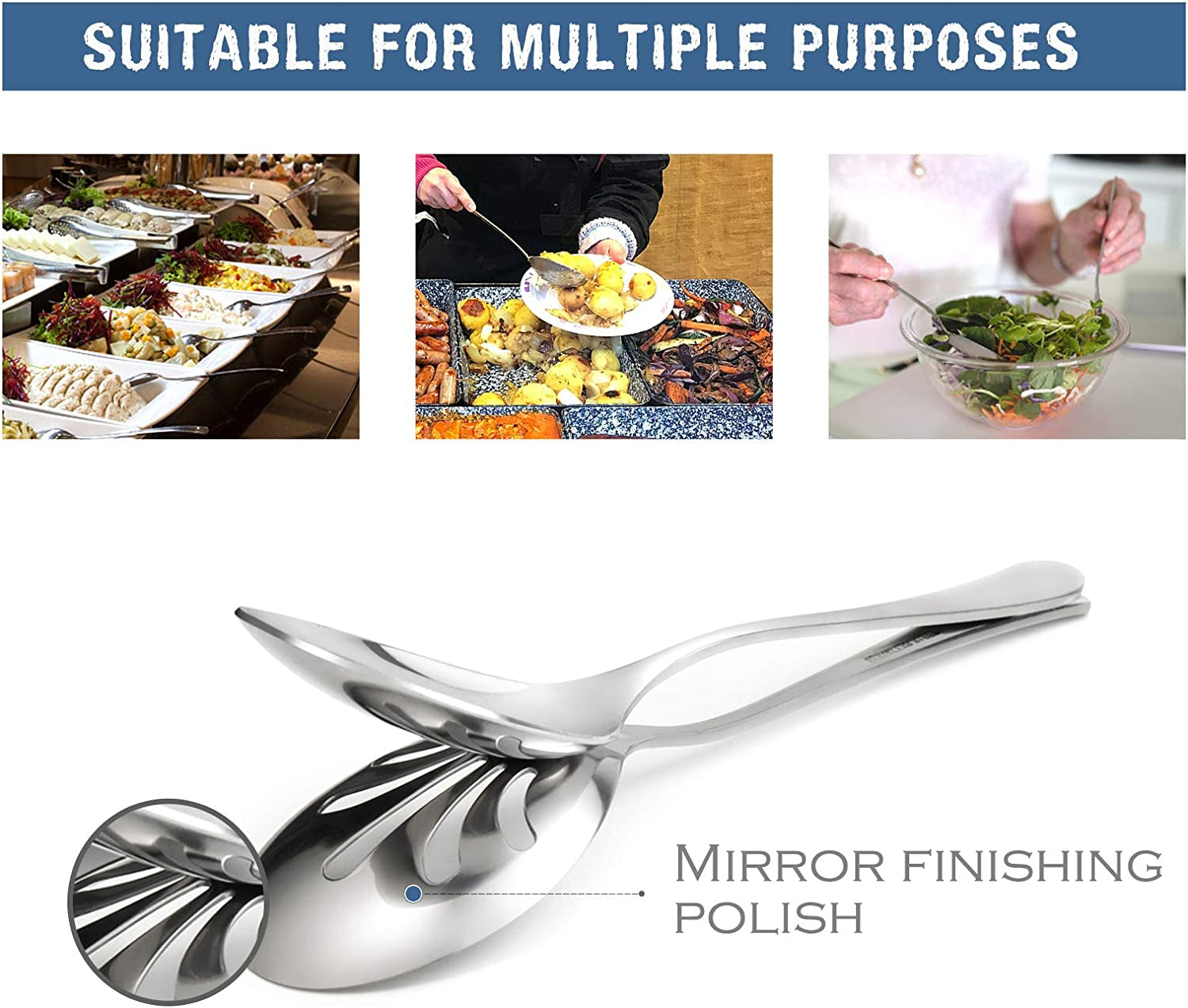 Stainless Steel Metal Serving Utensils - Large Set of 9-10" Serving Spoons, 10" Slotted Spoons, and 9" Serving Tongs by  (Silver)