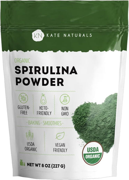 Organic Spirulina Powder (8 Oz) for Immune Support and Antioxidants. USDA Certified. Natural. Non-Gmo. Gluten-Free. Nutrient Dense Superfood Supplement