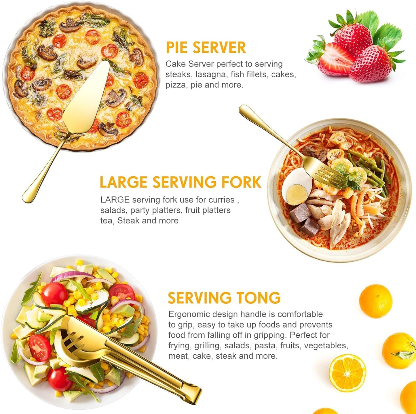 Serving Utensils Include Large Serving Spoons Slotted Serving Spoons Serving Forks Serving Tongs Soup Ladle and Pie Server Buffet Catering Serving Utensils for Dishwasher Safe (Gold, 10)