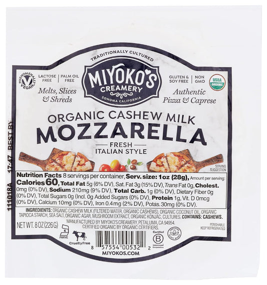 MIYOKO'S CREAMERY Fresh Vegan Mozzarella, Organic Classic Plant Milk Cheese, Dairy Free, 8 Oz. (1-Pack)