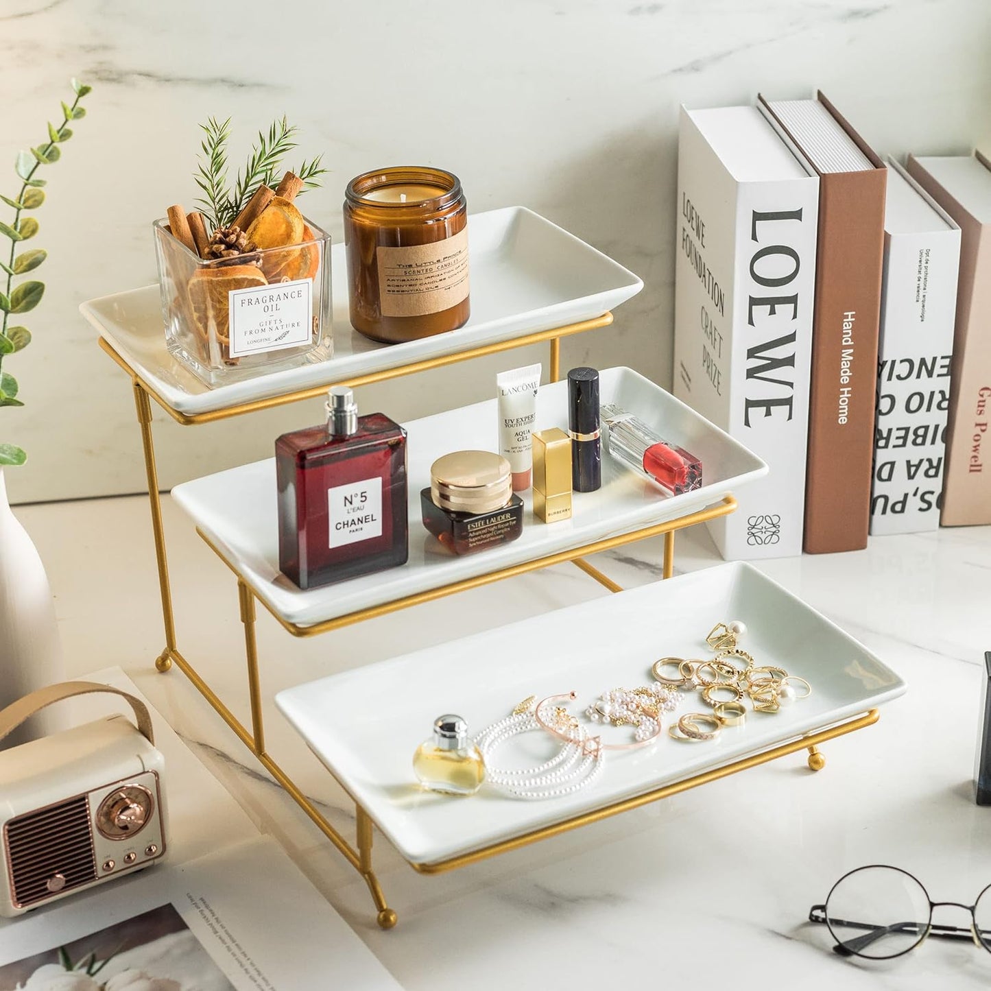 Large 3 Tier Serving Tray with Serving Stand, Serving Dishes for Entertaining, Tiered Serving Tray for Valentines Day, Suitable for Dessert Table Display Set Catering Supplies, 12 Inch Gold