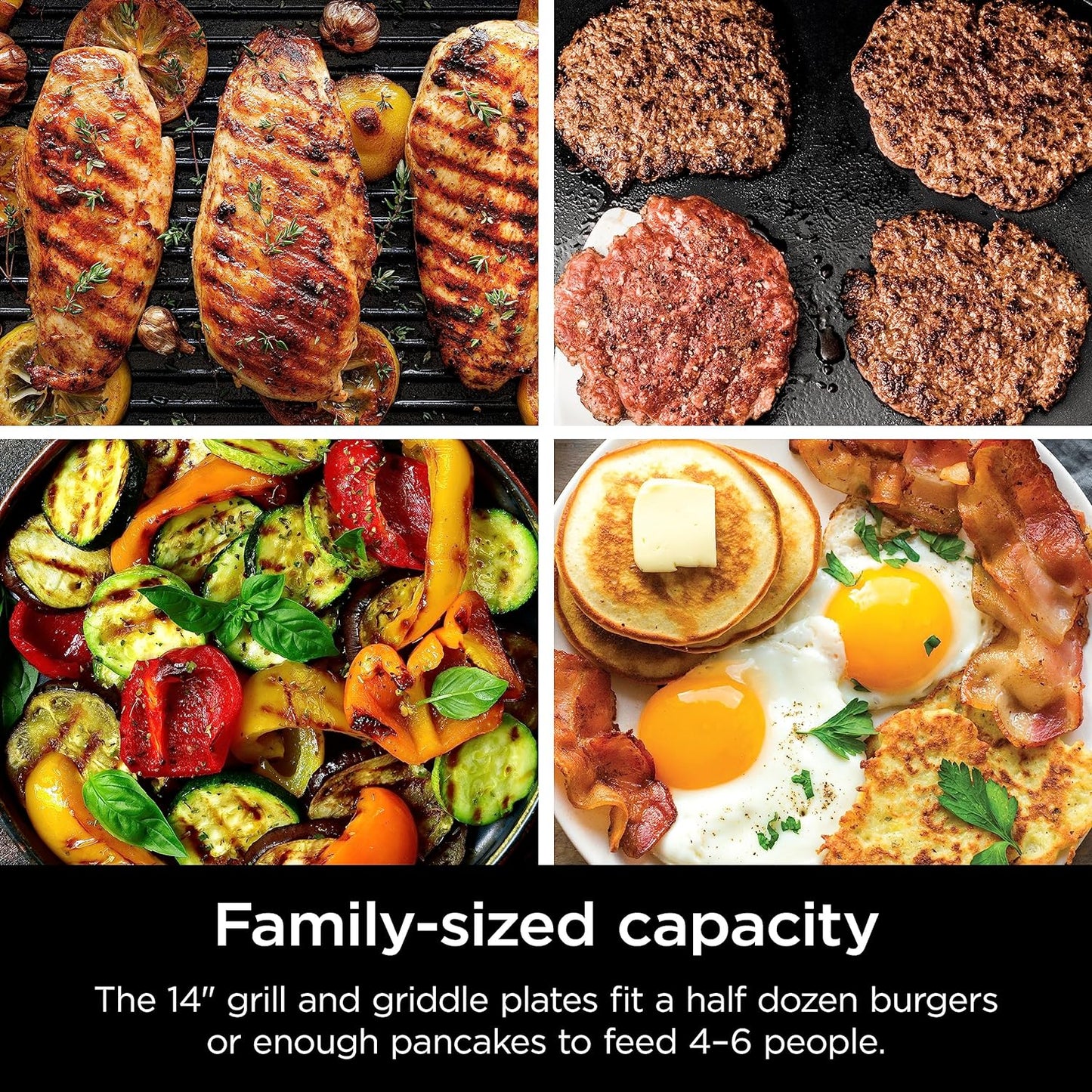 GR101 Sizzle Smokeless Indoor Grill & Griddle, 14'' Interchangeable Nonstick Plates, Dishwasher-Safe Removable Mesh Lid, 500F Max Heat, Even Edge-To-Edge Cooking, Grey/Silver