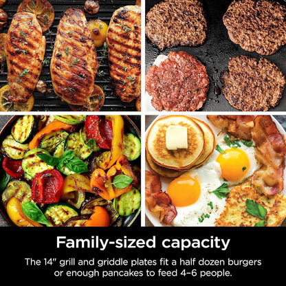 GR101 Sizzle Smokeless Indoor Grill & Griddle, 14'' Interchangeable Nonstick Plates, Dishwasher-Safe Removable Mesh Lid, 500F Max Heat, Even Edge-To-Edge Cooking, Grey/Silver