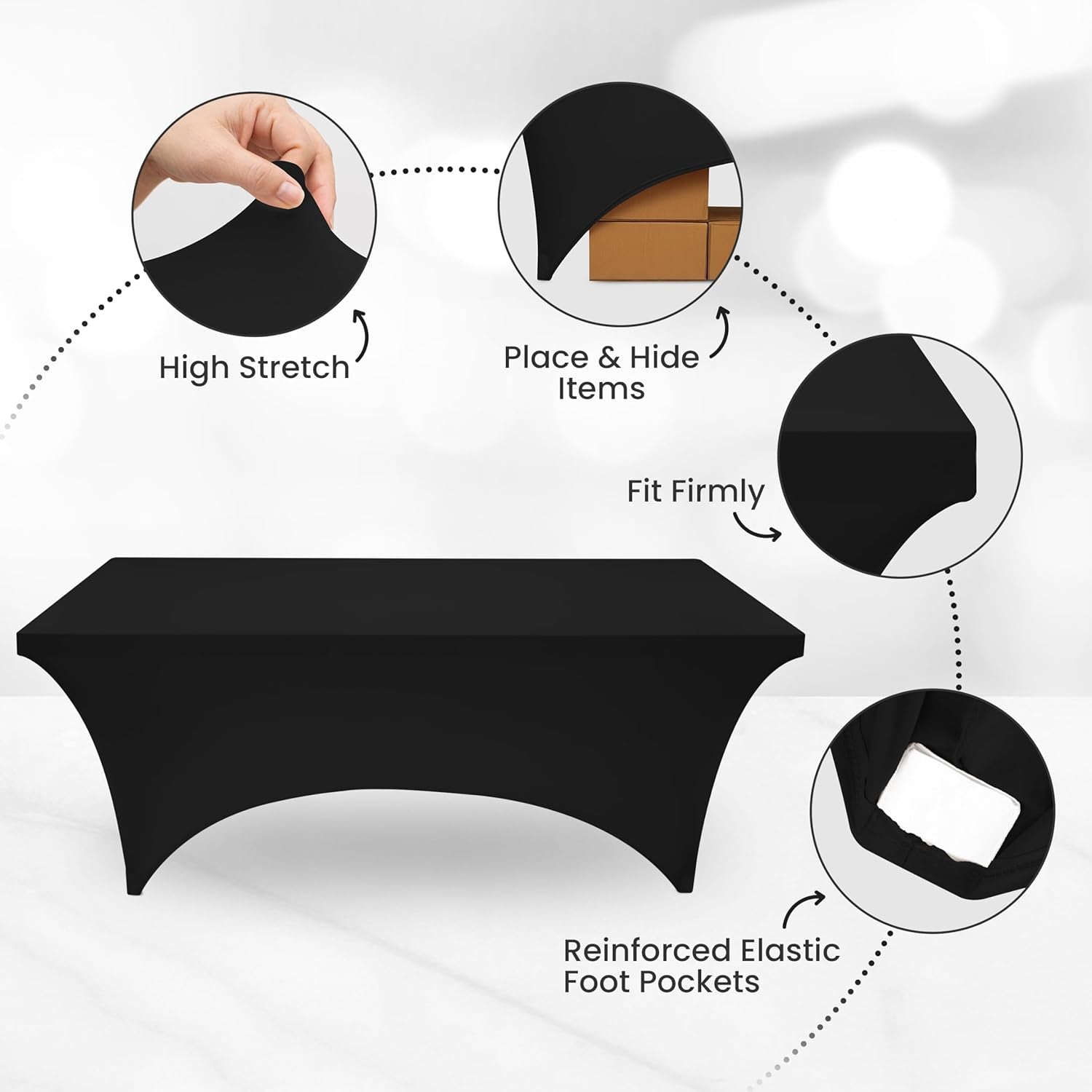 Spandex Tablecloth 1 Pack [6FT, Black] 200 GSM Tight, Fitted, Washable and Wrinkle Resistant Stretch Rectangular Patio Table Cover for Event, Wedding & Banquet [72Lx30Wx30H Inch]
