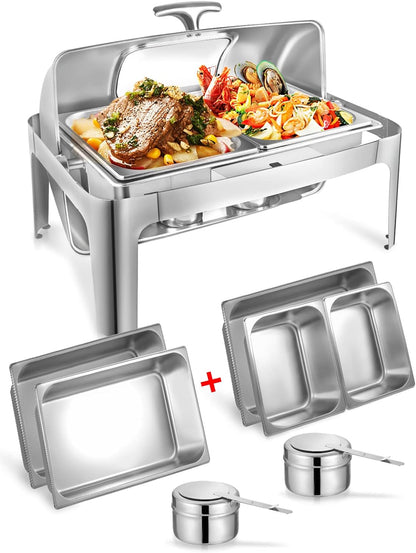 Rectangular Roll Top Chafing Dish Buffet Set, Catering Food Warmer for Parties, Wedding, Birthday, Christmas, 1 Full Size & 2 Half-Size Chafing Server Dish, 14QT Water Pan