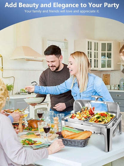 Rectangular Roll Top Chafing Dish Buffet Set, Catering Food Warmer for Parties, Wedding, Birthday, Christmas, 1 Full Size & 2 Half-Size Chafing Server Dish, 14QT Water Pan