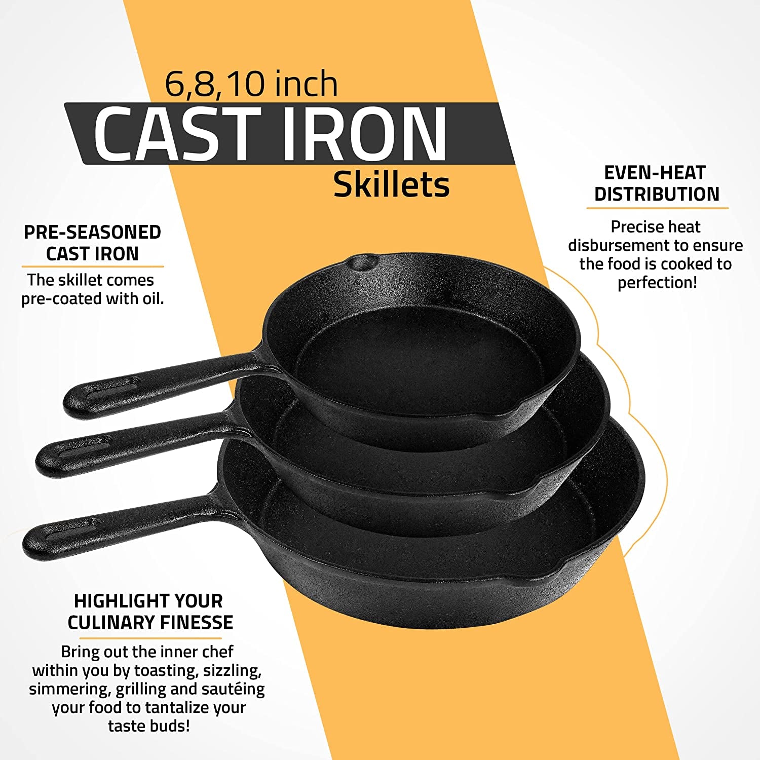 Pre Seasoned Cast Iron Skillet 3 Piece, Cast Iron Grill Pan, Frying Pans, Saute Fry Pan, Cast Iron Set (Black)