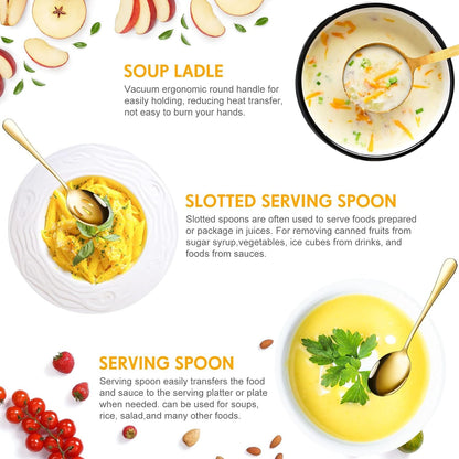 Serving Utensils Include Large Serving Spoons Slotted Serving Spoons Serving Forks Serving Tongs Soup Ladle and Pie Server Buffet Catering Serving Utensils for Dishwasher Safe (Gold, 10)