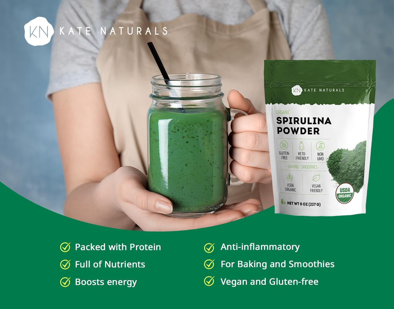 Organic Spirulina Powder (8 Oz) for Immune Support and Antioxidants. USDA Certified. Natural. Non-Gmo. Gluten-Free. Nutrient Dense Superfood Supplement