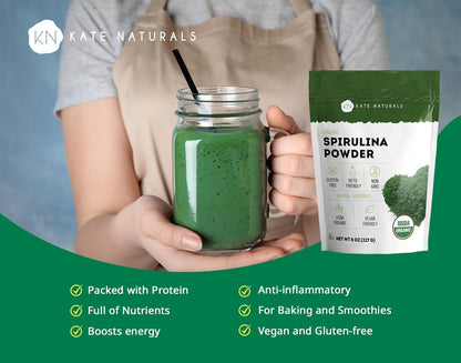 Organic Spirulina Powder (8 Oz) for Immune Support and Antioxidants. USDA Certified. Natural. Non-Gmo. Gluten-Free. Nutrient Dense Superfood Supplement