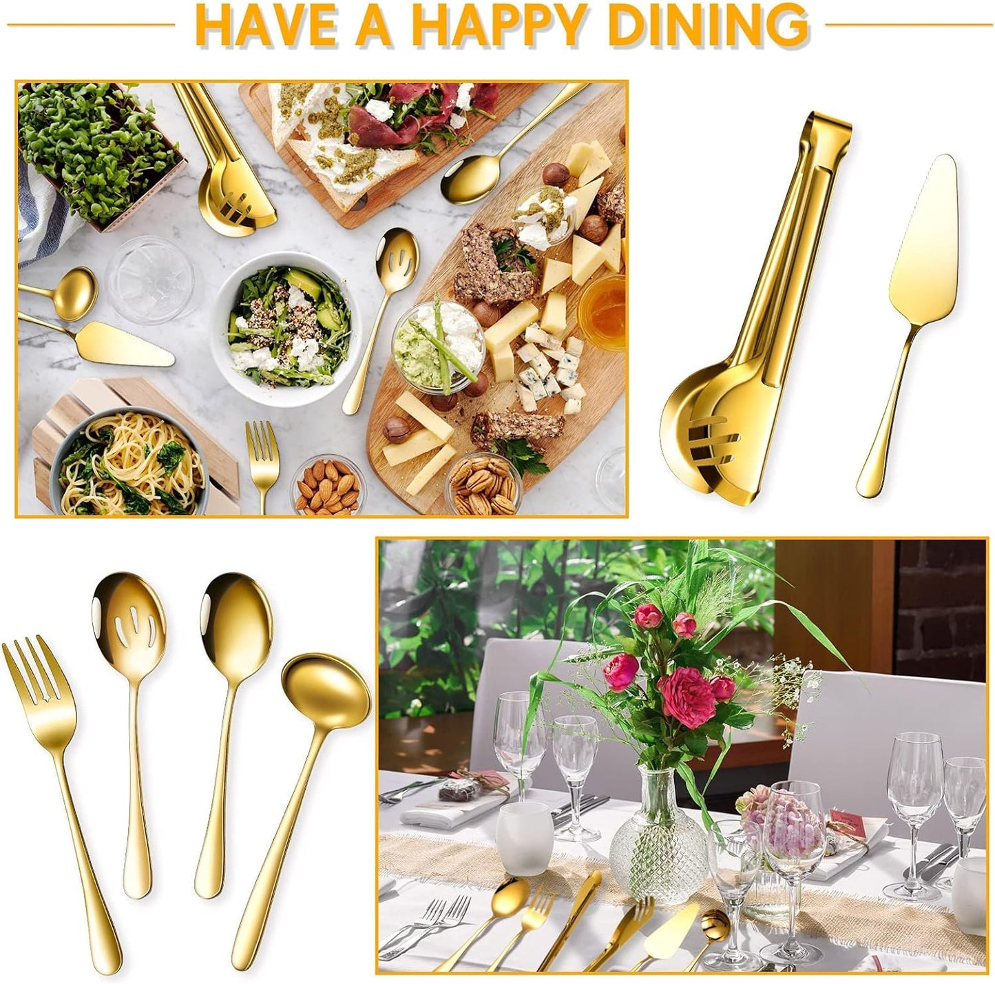 Serving Utensils Include Large Serving Spoons Slotted Serving Spoons Serving Forks Serving Tongs Soup Ladle and Pie Server Buffet Catering Serving Utensils for Dishwasher Safe (Gold, 10)