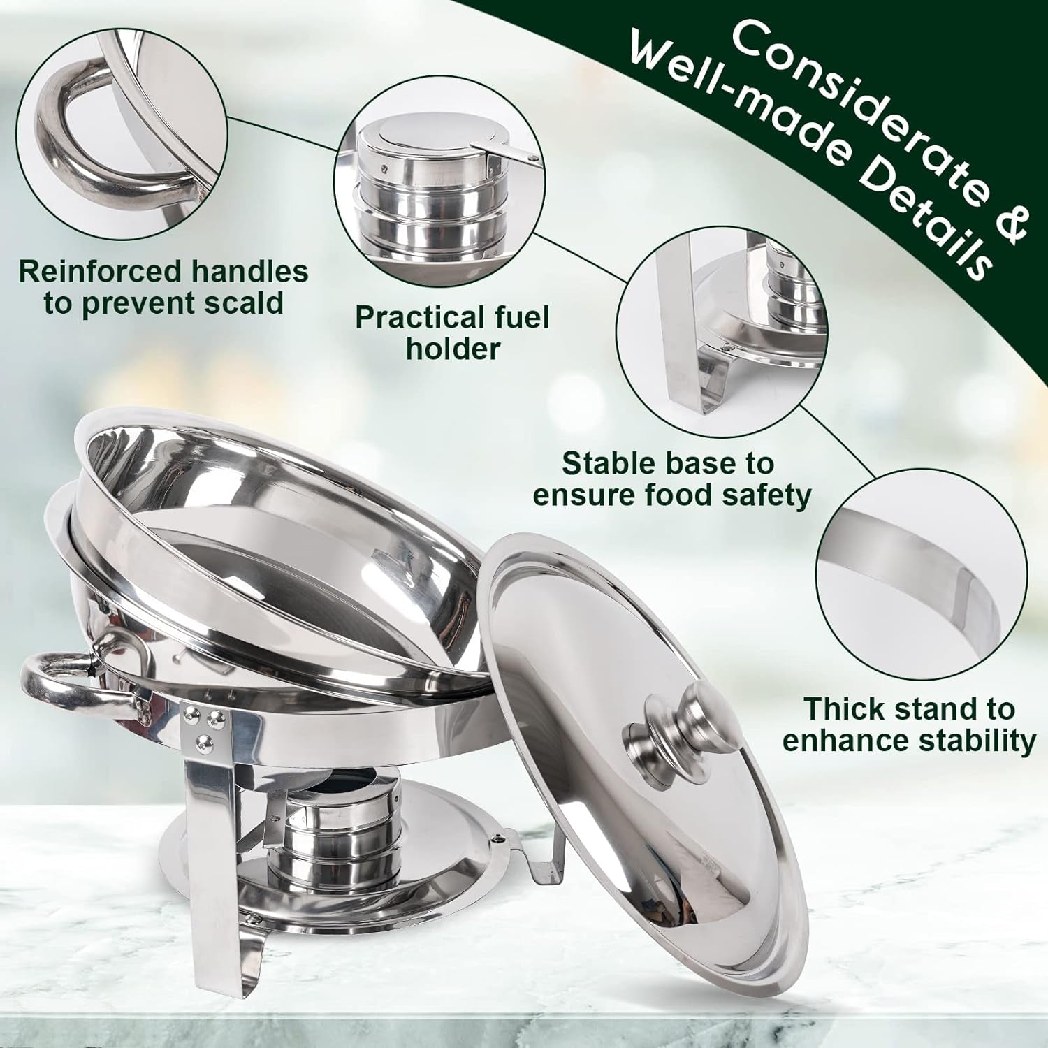 Chafing Dish Buffet Set 4 Pack, 5QT round Stainless Steel Chafer for Catering, Upgraded Chafers and Buffet Warmer Sets with Food & Water Pan, Lid, Frame, Fuel Holder for Event Party Holiday