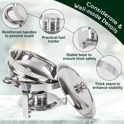 Chafing Dish Buffet Set 4 Pack, 5QT round Stainless Steel Chafer for Catering, Upgraded Chafers and Buffet Warmer Sets with Food & Water Pan, Lid, Frame, Fuel Holder for Event Party Holiday