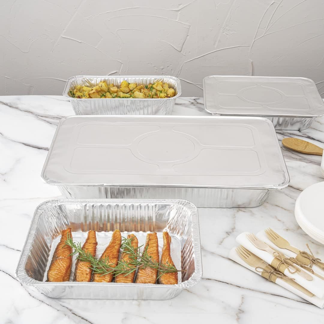 LIDS ONLY: Foil Lux Foil Pan Lids 25 Oven-Ready Foil Tray Lids -Fits Full-Size Steam Table Lids Freezable Silver Aluminum Disposableturkey Pan Lids Pans Sold Separately