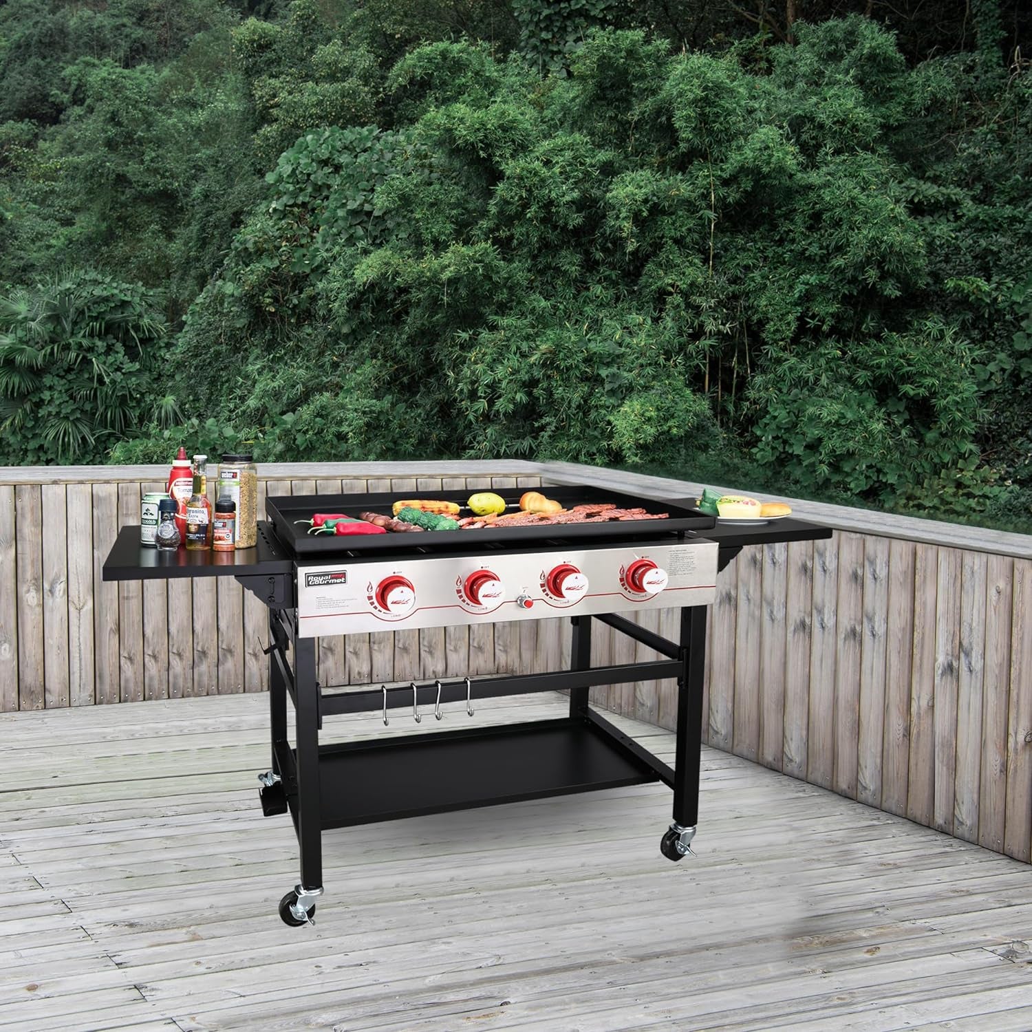 GB4000 36-Inch 4-Burner Flat Top Propane Gas Grill Griddle, for BBQ, Camping, Red