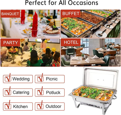 Chafing Dish Buffet Set - 4 Pack, 8 Quart Stainless Steel Chafer Buffet Servers and Warmers Set with Folding Frame for Weddings, Parties, Banquets, and Catering Events