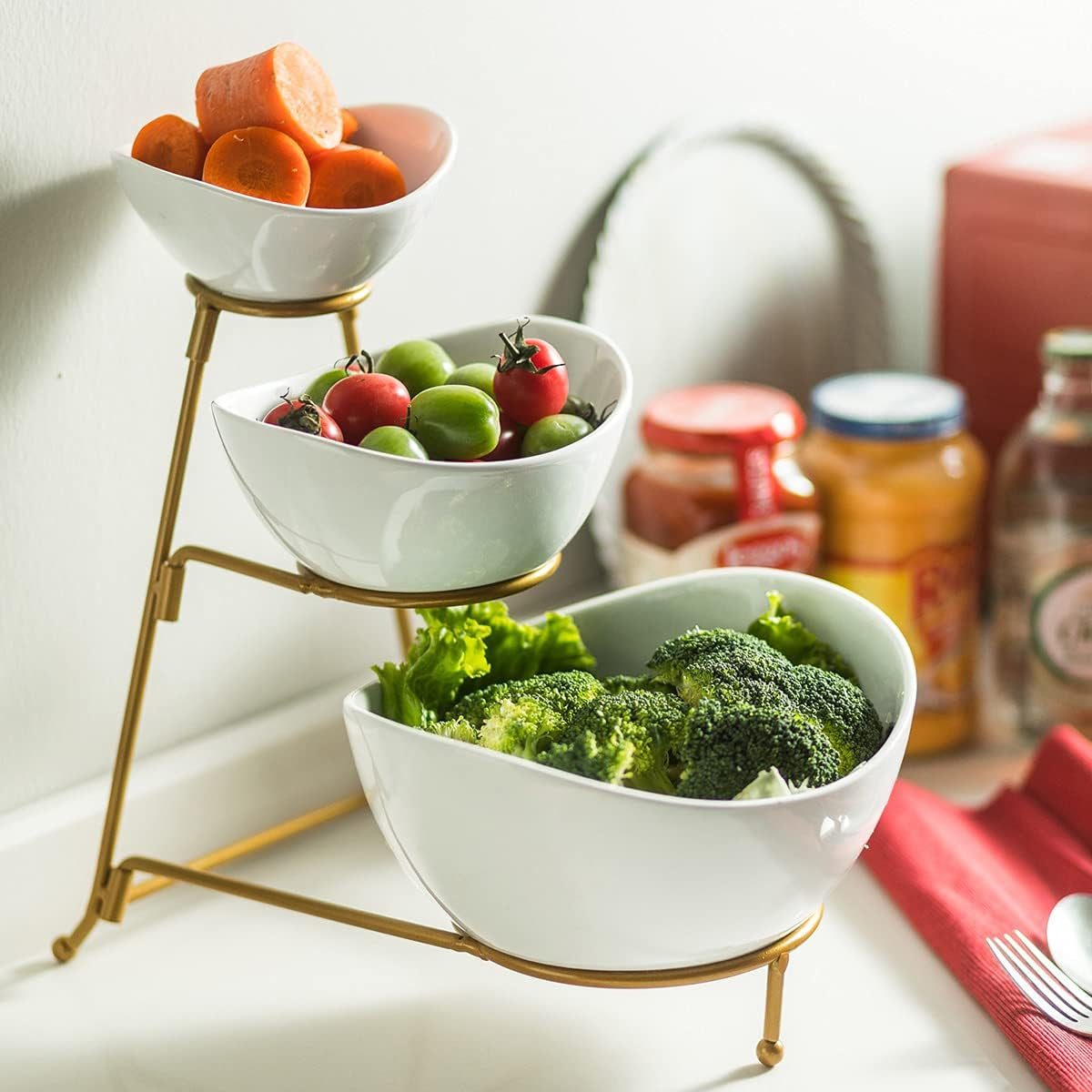 3 Tier Serving Stand Oval Serving Bowl with Metal Rack, Tied Serving Tray Food Display Dessert Appetizer, Serving Bowl Fruit Chip Dip Bowl Set for Parties, Gold