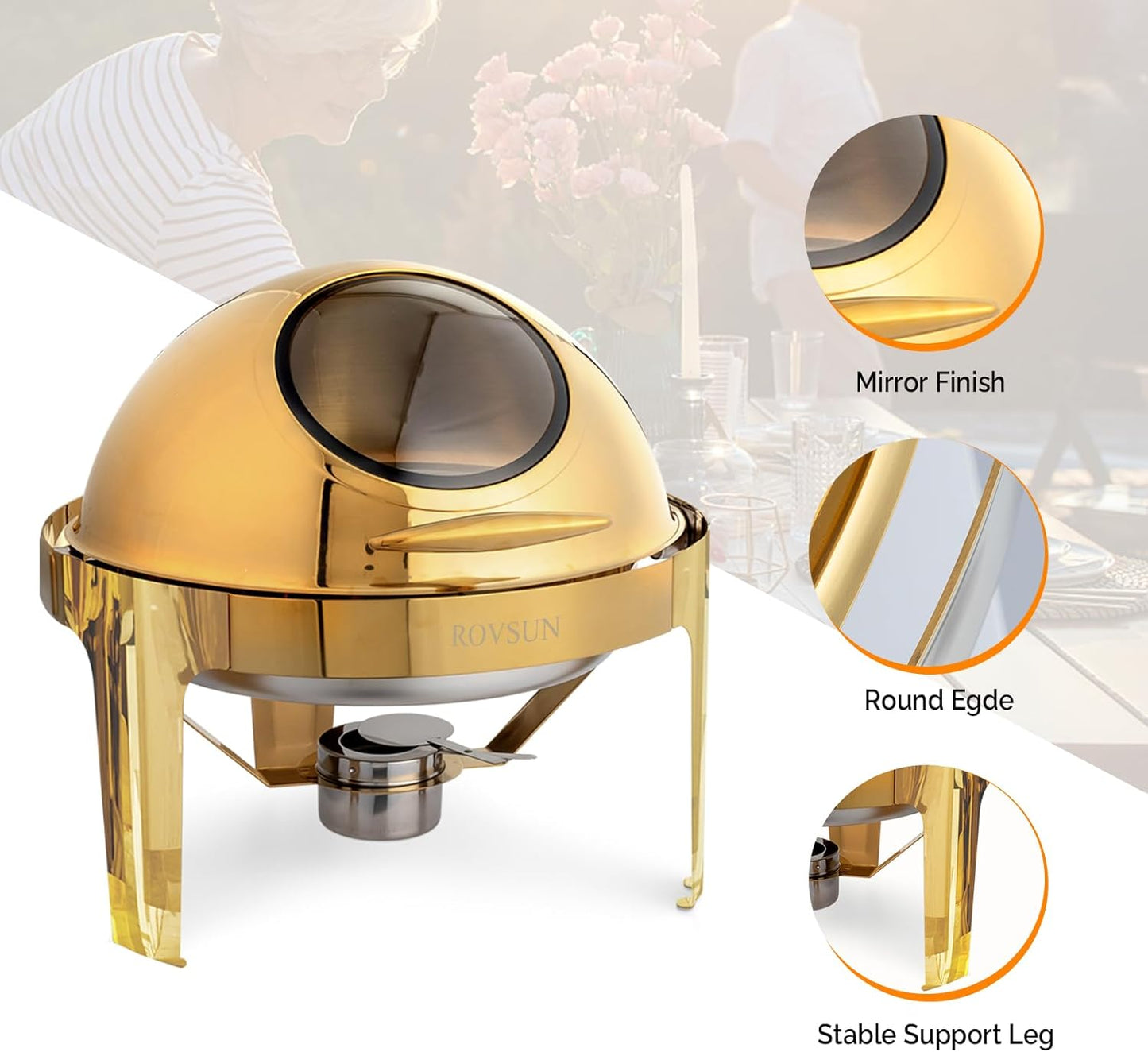 6 QT 3 Pack round Chafing Dish Buffet Set, Roll Top NSF Stainless Steel Buffet Warmer Chafers and Buffet Warmers Sets with Thick Frame for Catering Events Parties Weddings Dinners,Gold