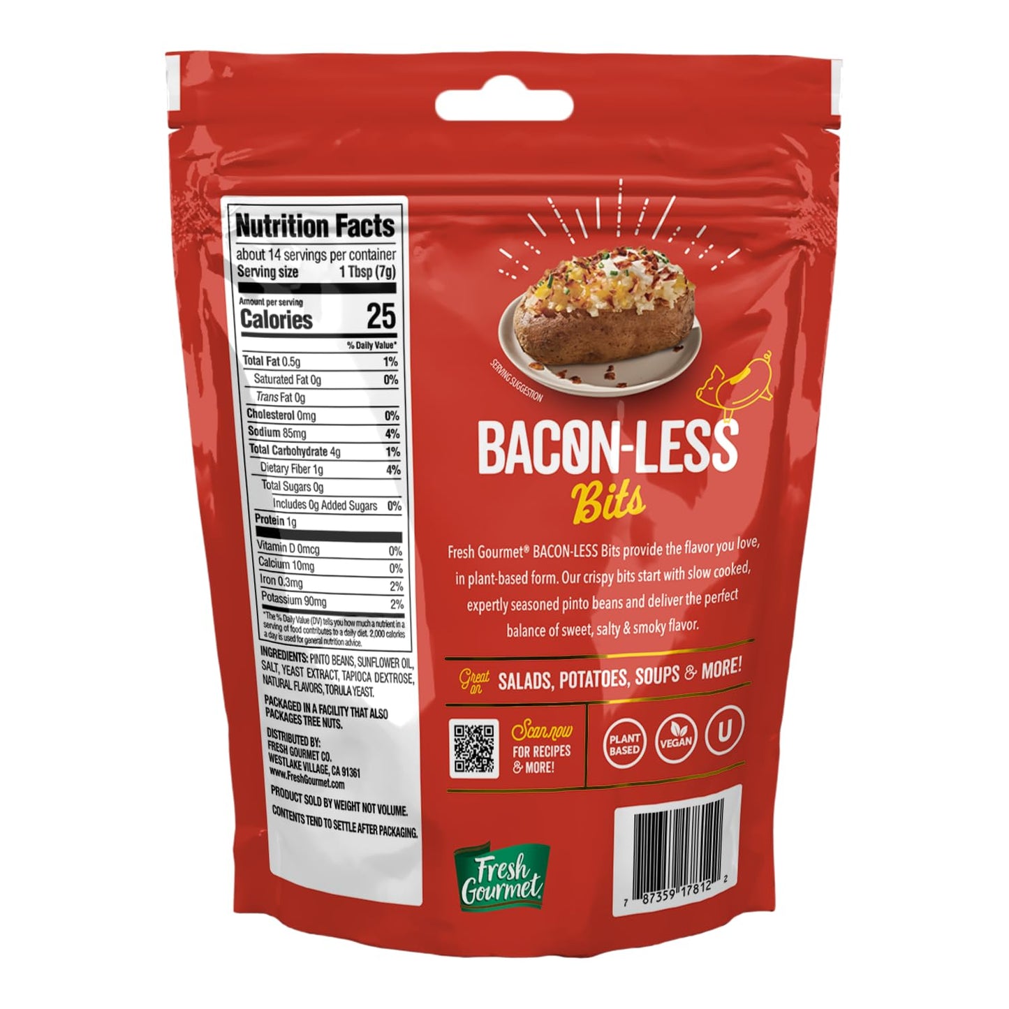 Vegan Bacon-Less Bits - 3.5 Oz Plant-Based Topping for Salads, Potatoes, Soups, and More | Soy-Free, Kosher, and Smoky Flavor | Resealable Pouch