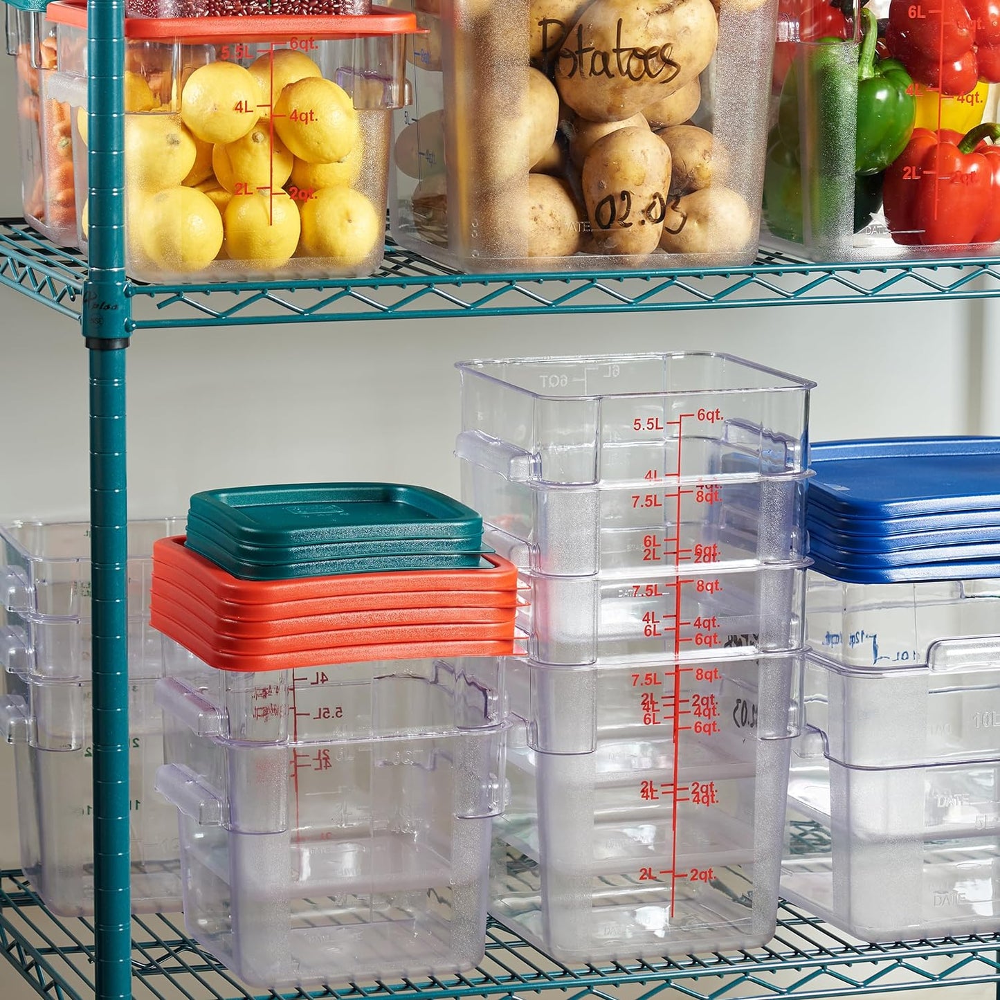 4 Pack Food Storage Containers with Blue Lids - NSF Listed Commercial Grade in 12.0 Qt - Square, Clear, Polycarbonate
