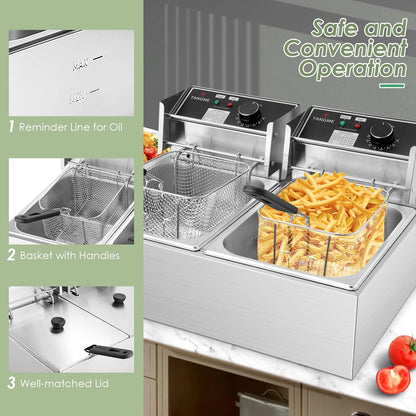 Commercial Deep Fryer - 3400W Electric Deep Fryers with 2X6.35Qt Baskets 0.8Mm Thickened Stainless Steel Countertop Oil Fryer 20.7QT Large Capacity with Temperature Limiter (12L)