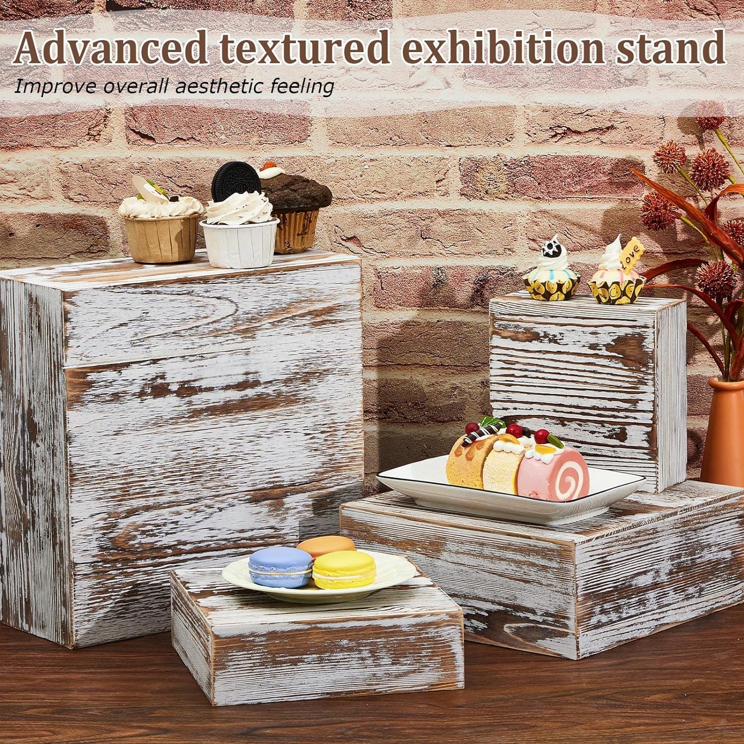 Set of 4 Wood Display Risers Rustic Cupcake Stand Wooden Stackable Display Box Wood Cake Stand for Dessert Wedding Birthday Baby Shower Party (Classic)