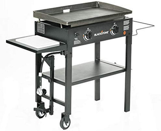 1853 Flat Top Gas Grill 2 Burner Propane Fuelled Rear Grease Management System 28” Outdoor Griddle Station for Camping with Built in Cutting Board and Garbage Holder, 28 Inch, Black
