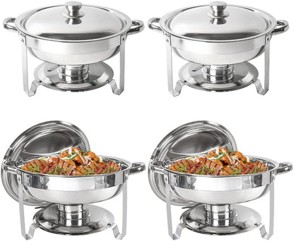 Chafing Dish Buffet Set 4 Pack, 5QT round Stainless Steel Chafer for Catering, Upgraded Chafers and Buffet Warmer Sets with Food & Water Pan, Lid, Frame, Fuel Holder for Event Party Holiday
