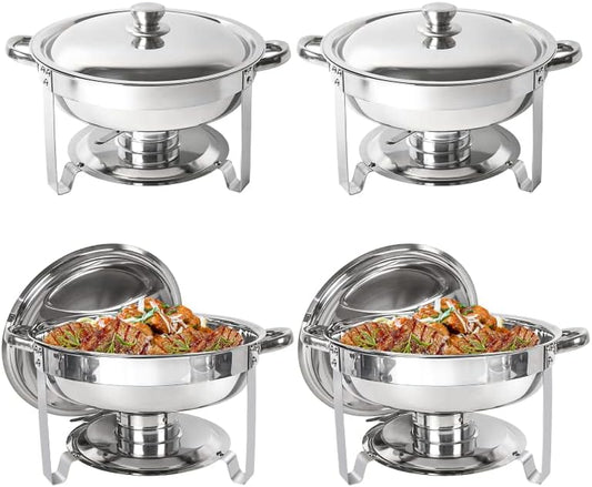 Chafing Dish Buffet Set 4 Pack, 5QT round Stainless Steel Chafer for Catering, Upgraded Chafers and Buffet Warmer Sets with Food & Water Pan, Lid, Frame, Fuel Holder for Event Party Holiday