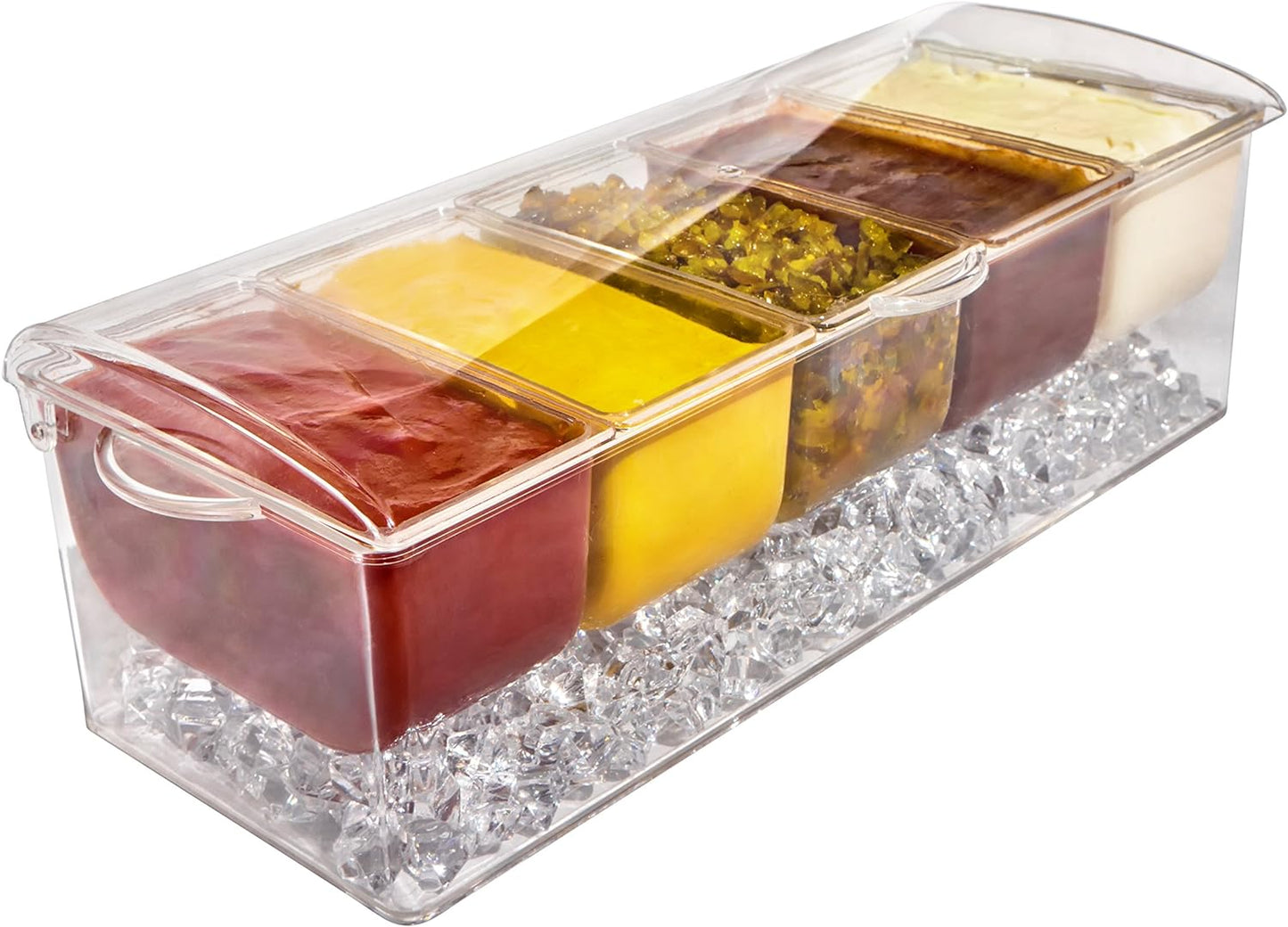 Ice Chilled 5 Compartment Condiment Server Caddy - Serving Tray Container with 5 Removable Dishes with over 2 Cup Capacity Each and Hinged Lid | 3 Serving Spoons + 3 Tongs Included