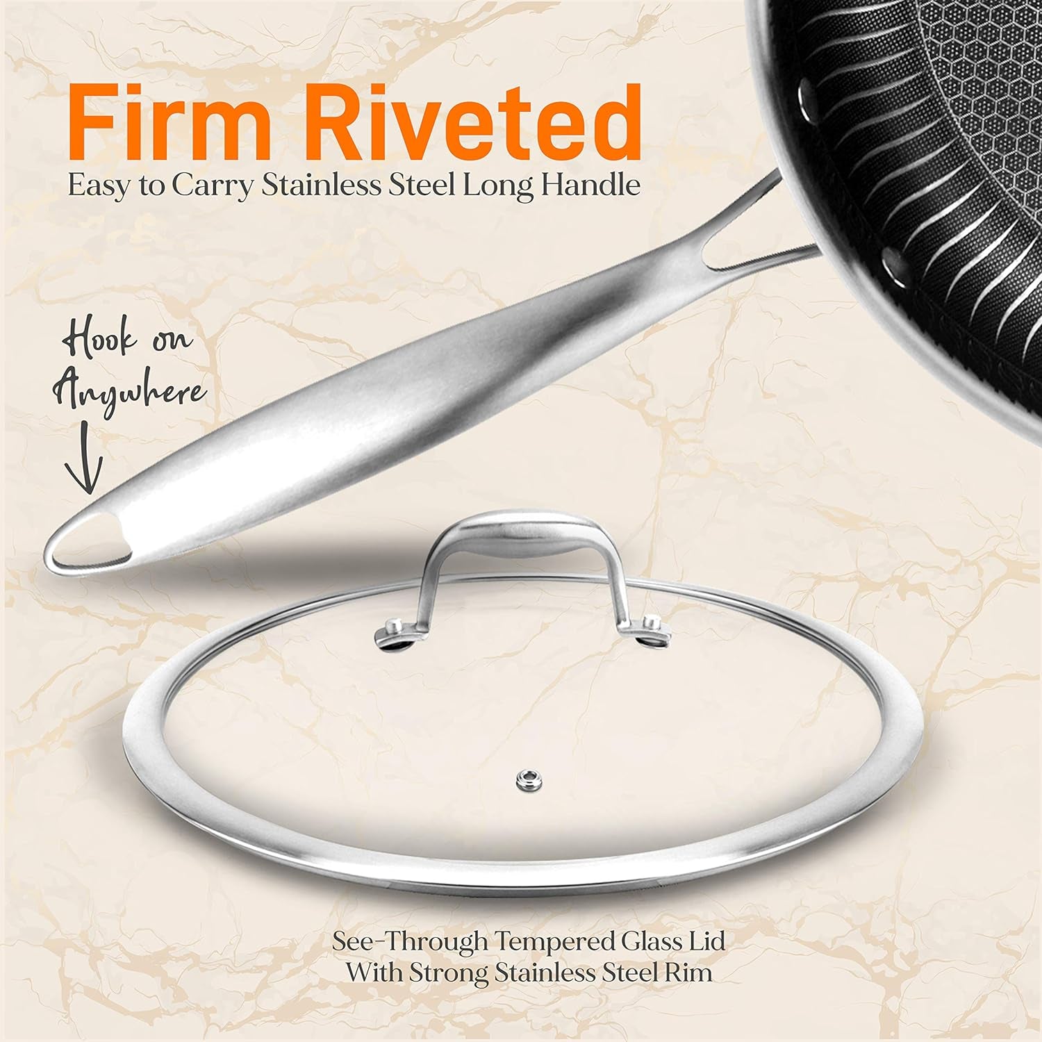 7-Piece Triply Stainless Steel Cookware Set - Non-Stick Honeycomb Fire Textured Pattern Frying Pans and Wok with Lids, Oven & Dishwasher Safe, Suitable for All Cooktops