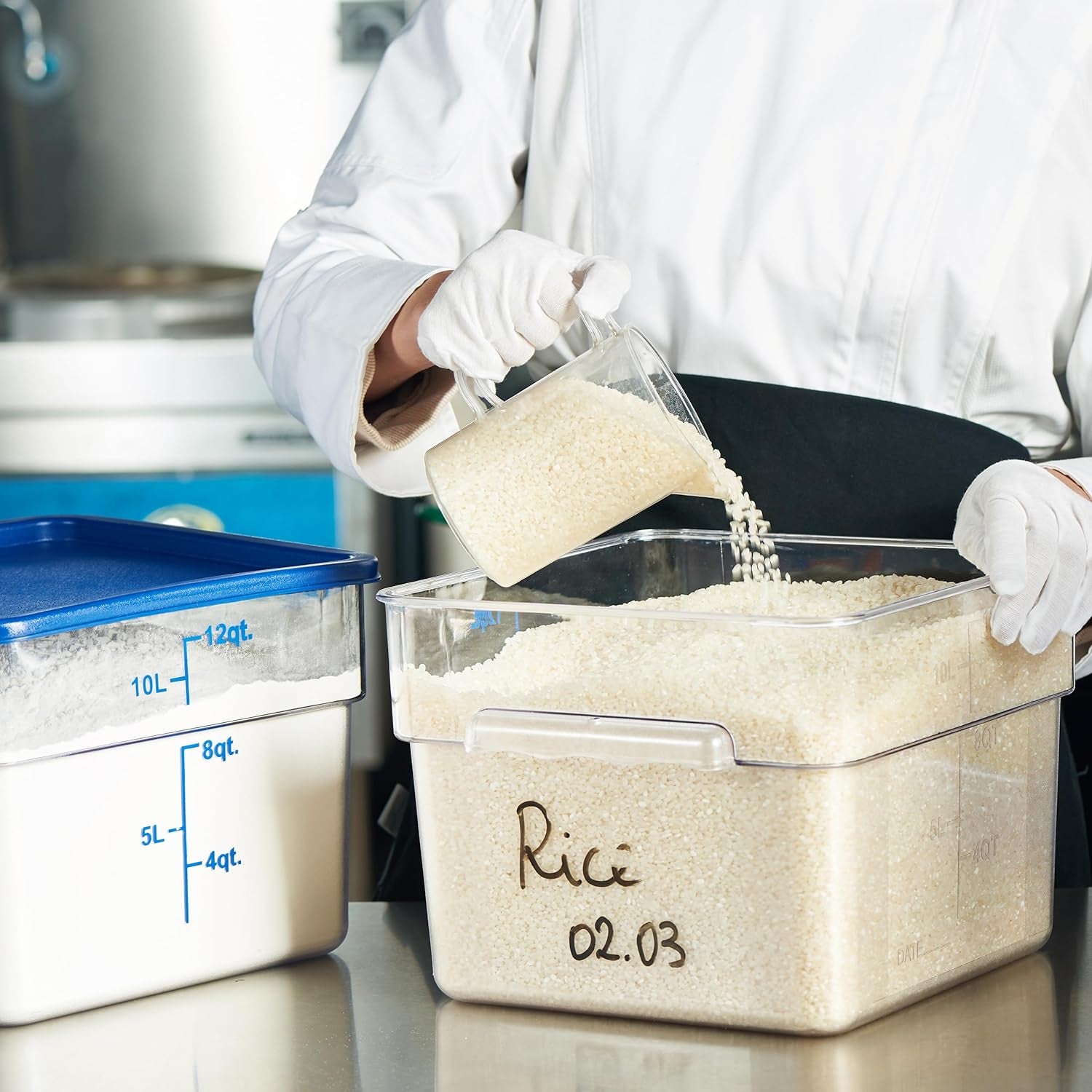 4 Pack Food Storage Containers with Blue Lids - NSF Listed Commercial Grade in 12.0 Qt - Square, Clear, Polycarbonate