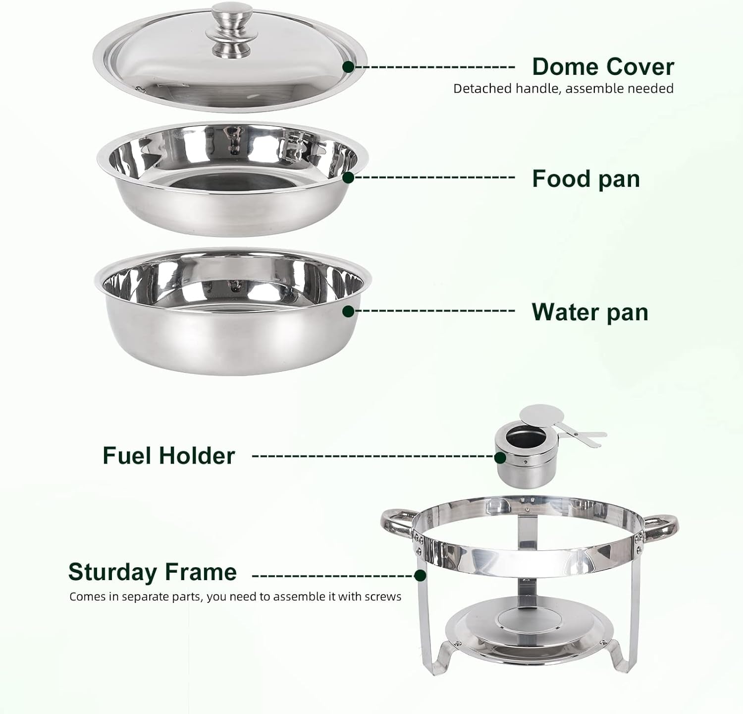 Chafing Dish Buffet Set 4 Pack, 5QT round Stainless Steel Chafer for Catering, Upgraded Chafers and Buffet Warmer Sets with Food & Water Pan, Lid, Frame, Fuel Holder for Event Party Holiday