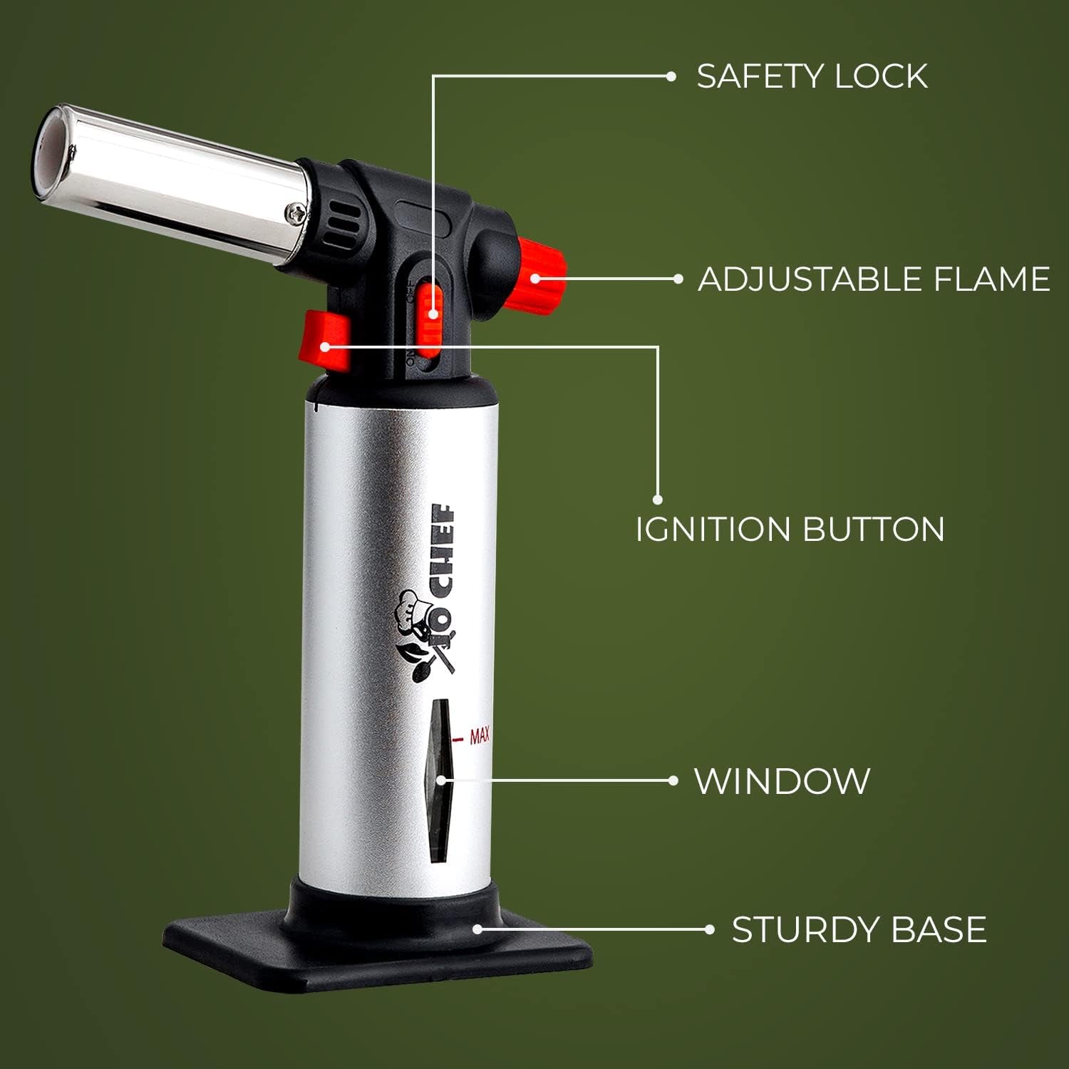 Kitchen Torch with Butane Included, Refillable Torch, Creme Brulee Blow Lighter Gun Safety Lock & Adjustable Flame, Culinary Cooking for Food, 2 Cans Included
