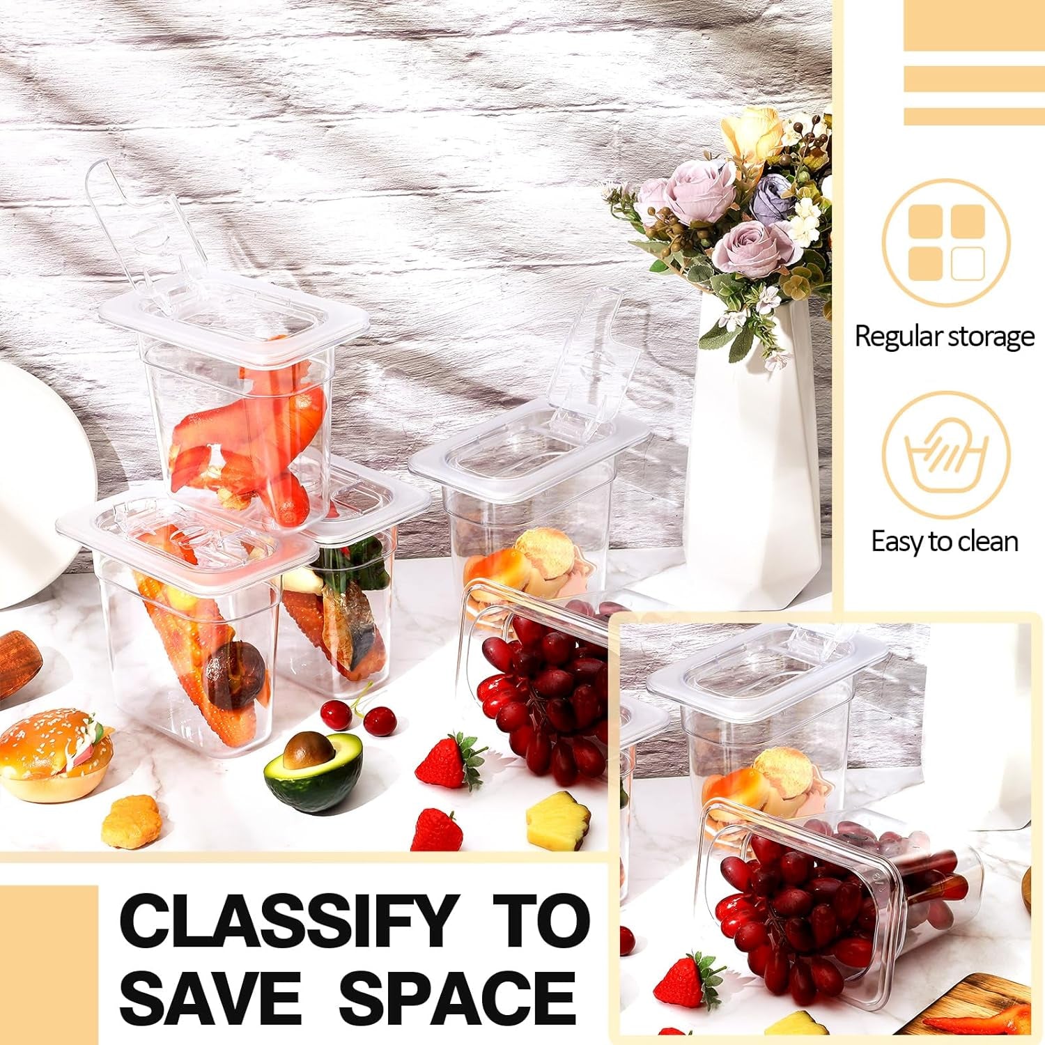 12 Pack 1/9 Size 6'' Deep Polycarbonate Food Pan with Lid Clear Stackable Plastic Pan Restaurant Food Storage Containers with Hinged Lids for Hotel Supplies