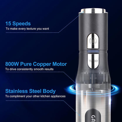 Immersion Blender 800 Watts Scratch Resistant Hand Blender,15 Speed and Turbo Mode Hand Mixer, Heavy Duty Copper Motor Stainless Steel Smart Stick with Egg Beaters and Chopper/Food Processor