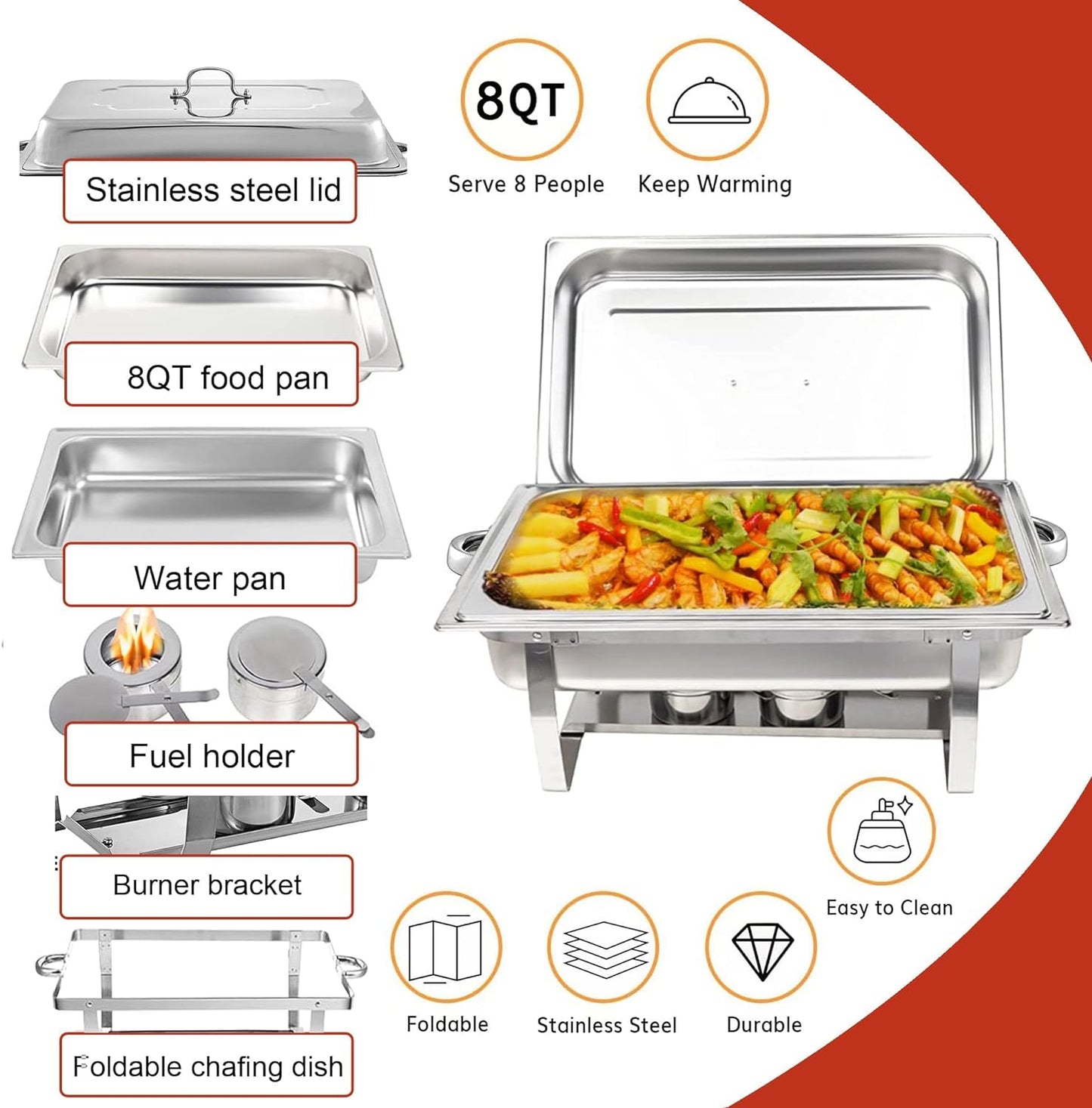 Chafing Dish Buffet Set - 4 Pack, 8 Quart Stainless Steel Chafer Buffet Servers and Warmers Set with Folding Frame for Weddings, Parties, Banquets, and Catering Events