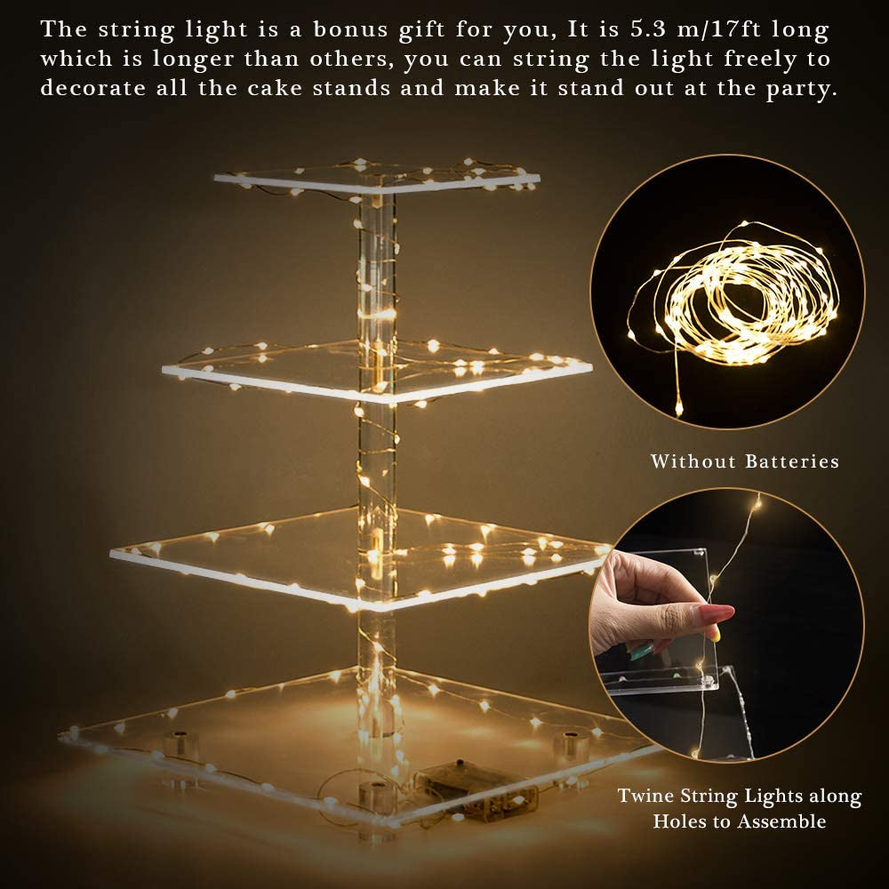 4 Tier Cupcake Stand Acrylic Tower Display with LED Light Premium Holder Dessert Tree Tower for Birthday Cady Bar Décor Weddings, Parties Events (Yellow Light)
